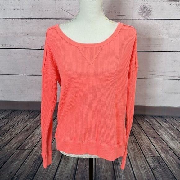 We The Free Shirt Womens XS Pink Orange Vibrant Waffle Boxy Boho Peasant Thermal - Picture 7 of 11